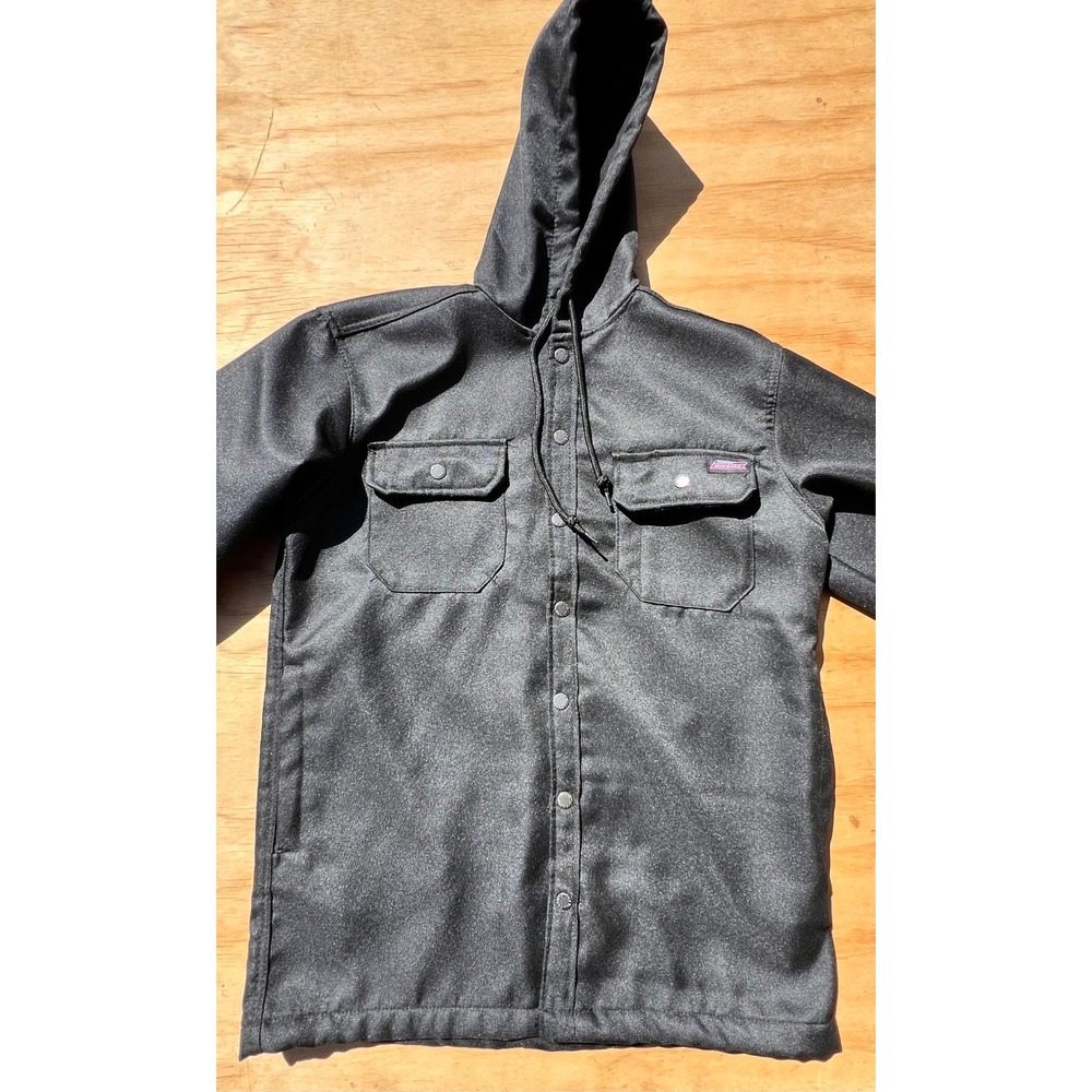 Dickies Mens Hooded Shirt Jacket Black Fleece Lined Snap Front Size Small S/P